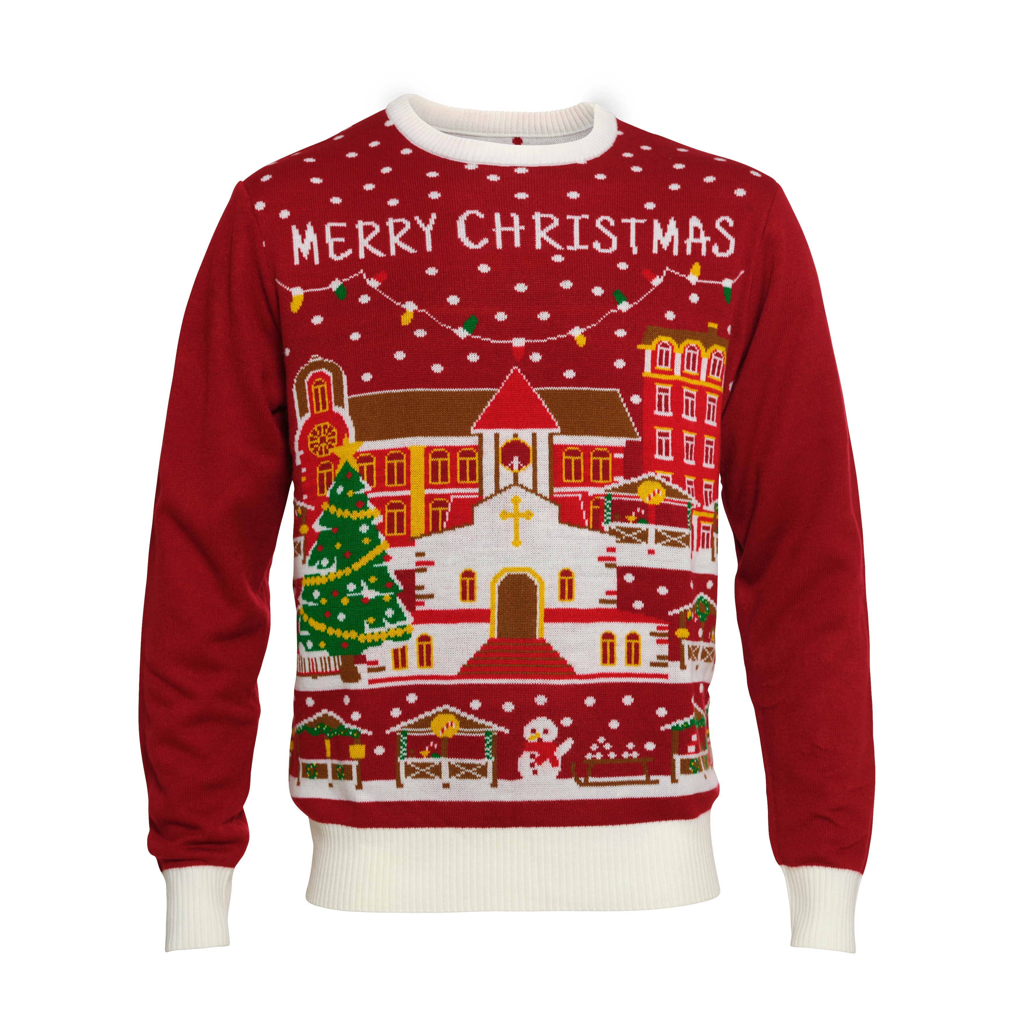 En rød julesweater, hvor der står